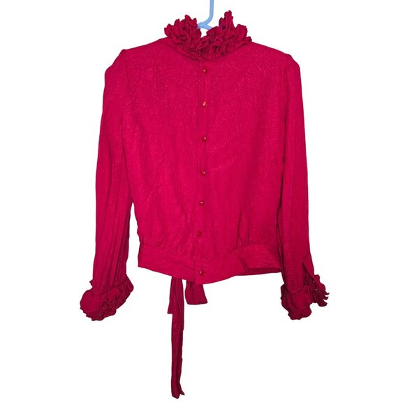Vintage Levantè Red Silk Exaggerated Ruffle Blouse With Button Back & Tie Waist - Picture 2 of 7